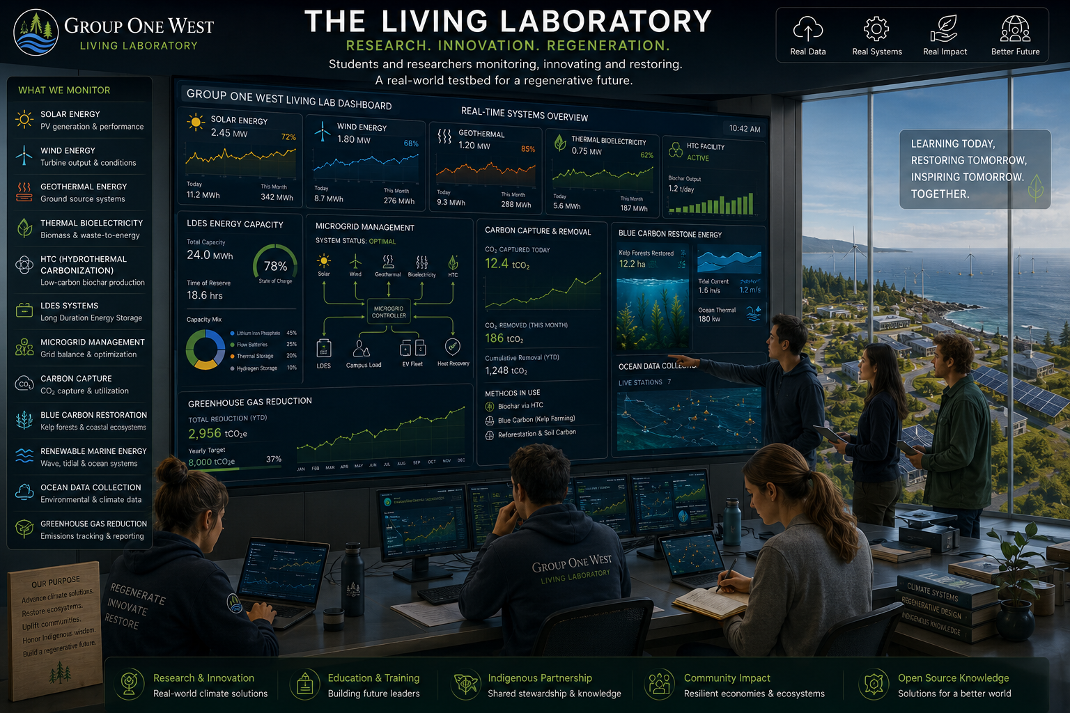 The Living Laboratory dashboard showing real-time monitoring of solar, wind, geothermal, thermal bioelectricity, microgrid management and carbon capture